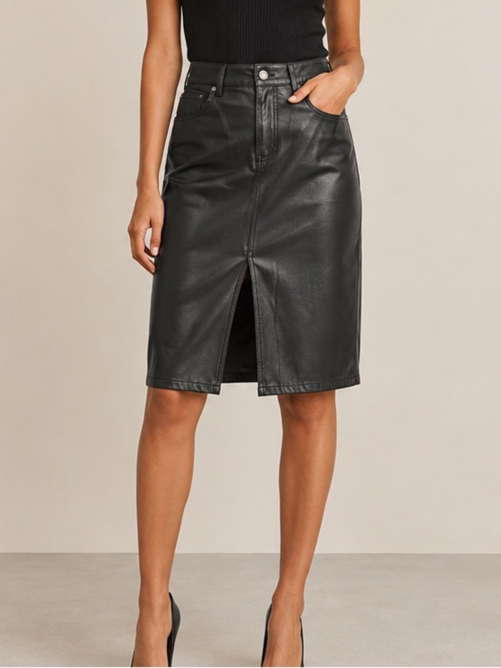 Zara Black Faux Leather Midi Skirt with Front Slit